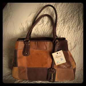 Fossil Cargo Patchwork Brown Handbag, Leather
